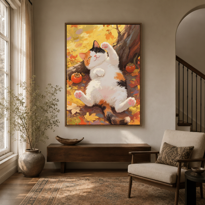 Chubby cat autumn canvas wall art in entryway – cozy kawaii illustration with round white cat in fall leaves as cheerful welcoming hallway piece by Aurewall