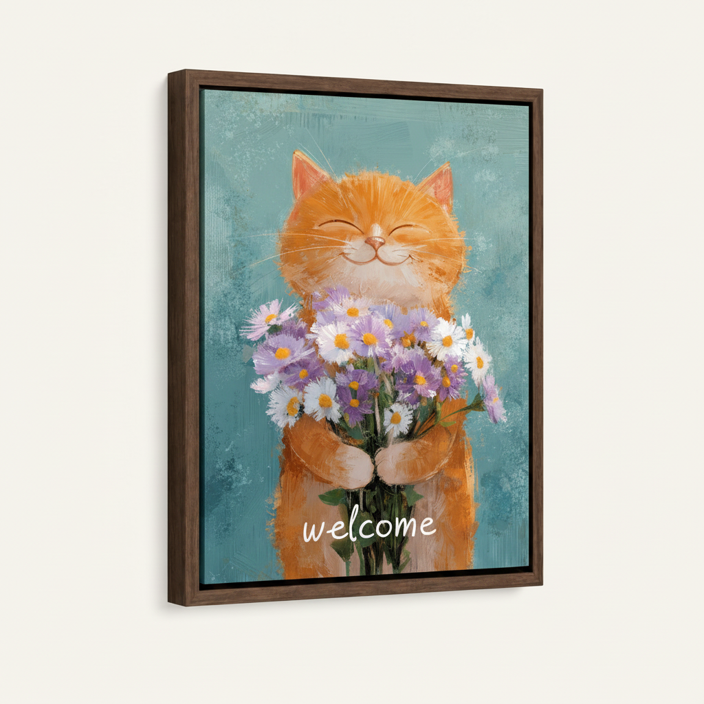 Orange tabby cat floral painting in dark walnut float frame on white background