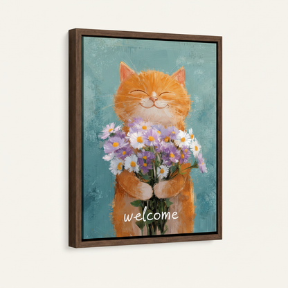 Orange tabby cat floral painting in dark walnut float frame on white background