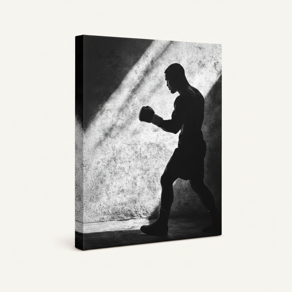 Gallery wrap canvas featuring bold black and white boxer fighting stance artwork