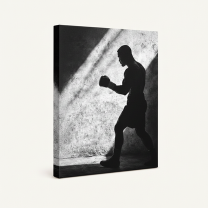 Gallery wrap canvas featuring bold black and white boxer fighting stance artwork