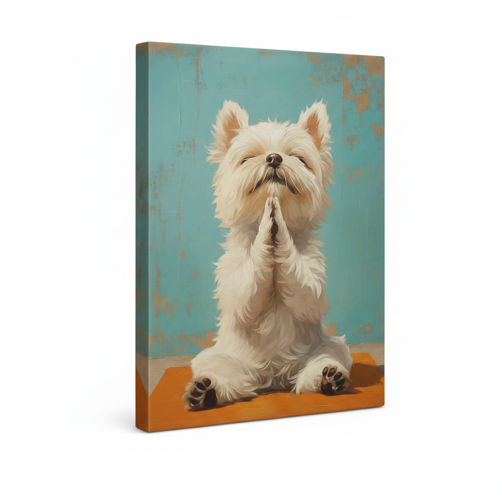 Stretched canvas whimsical dog yoga art showing side depth and edge wrap on white background