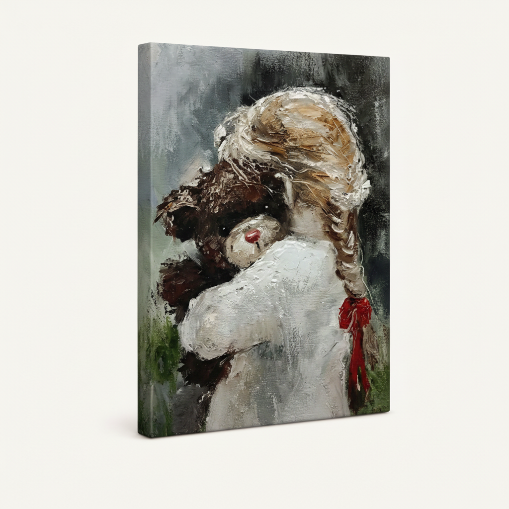 Side view of stretched canvas showing gallery-wrap depth with emotional girl hugging dog impasto artwork
