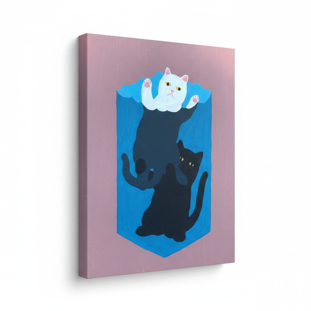 Gallery-wrapped stacked cats canvas showing side wrap detail on white background