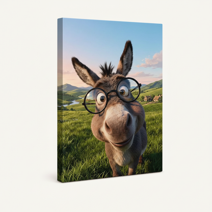 Donkey with glasses gallery wrap stretched canvas print product shot on white background perspective view