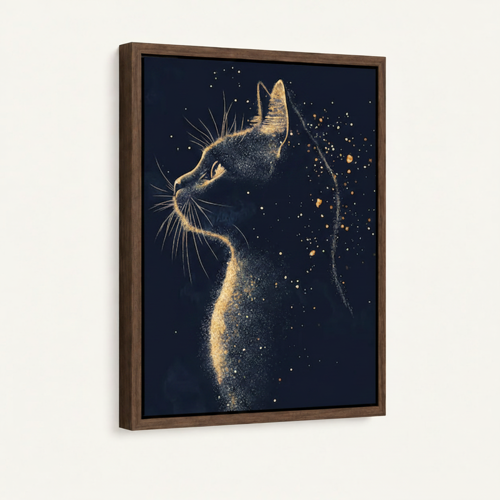 Framed golden cat silhouette canvas print mounted on white wall product view