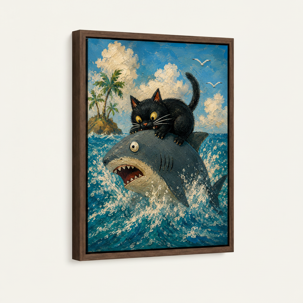 Black cat shark impasto painting in dark walnut float frame, 3/4 angle product view on off-white background