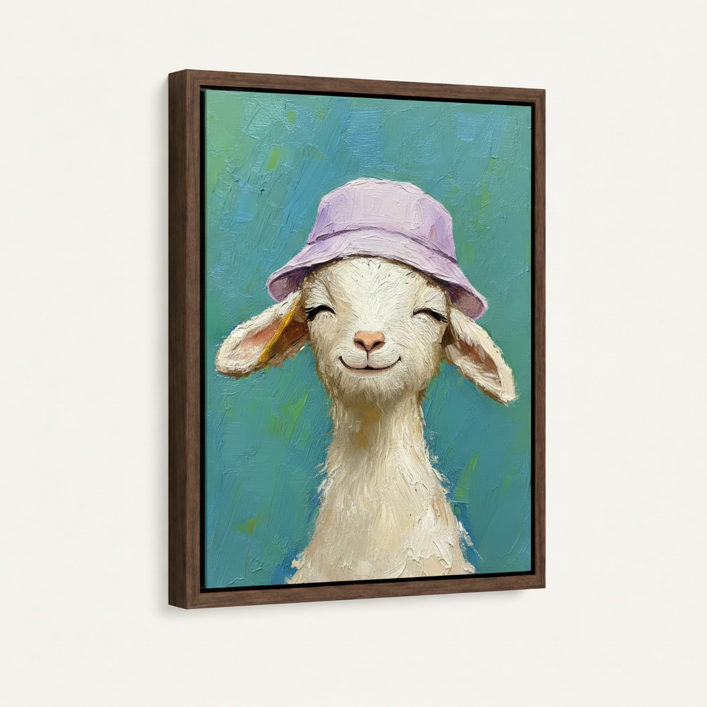 Baby goat lavender hat canvas print in dark walnut floating frame shown at 3/4 angle on white background