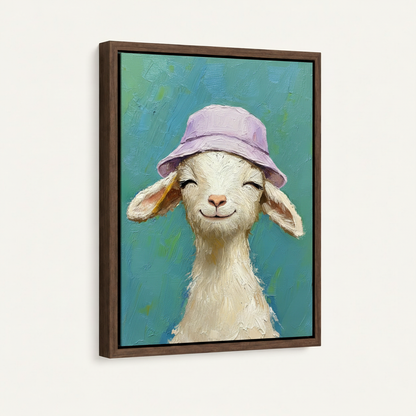 Baby goat lavender hat canvas print in dark walnut floating frame shown at 3/4 angle on white background