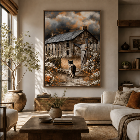 Black cat cottage garden canvas wall art in living room – rustic oil painting with black cat and stone farmhouse displayed as warm statement piece above sofa by Aurewall