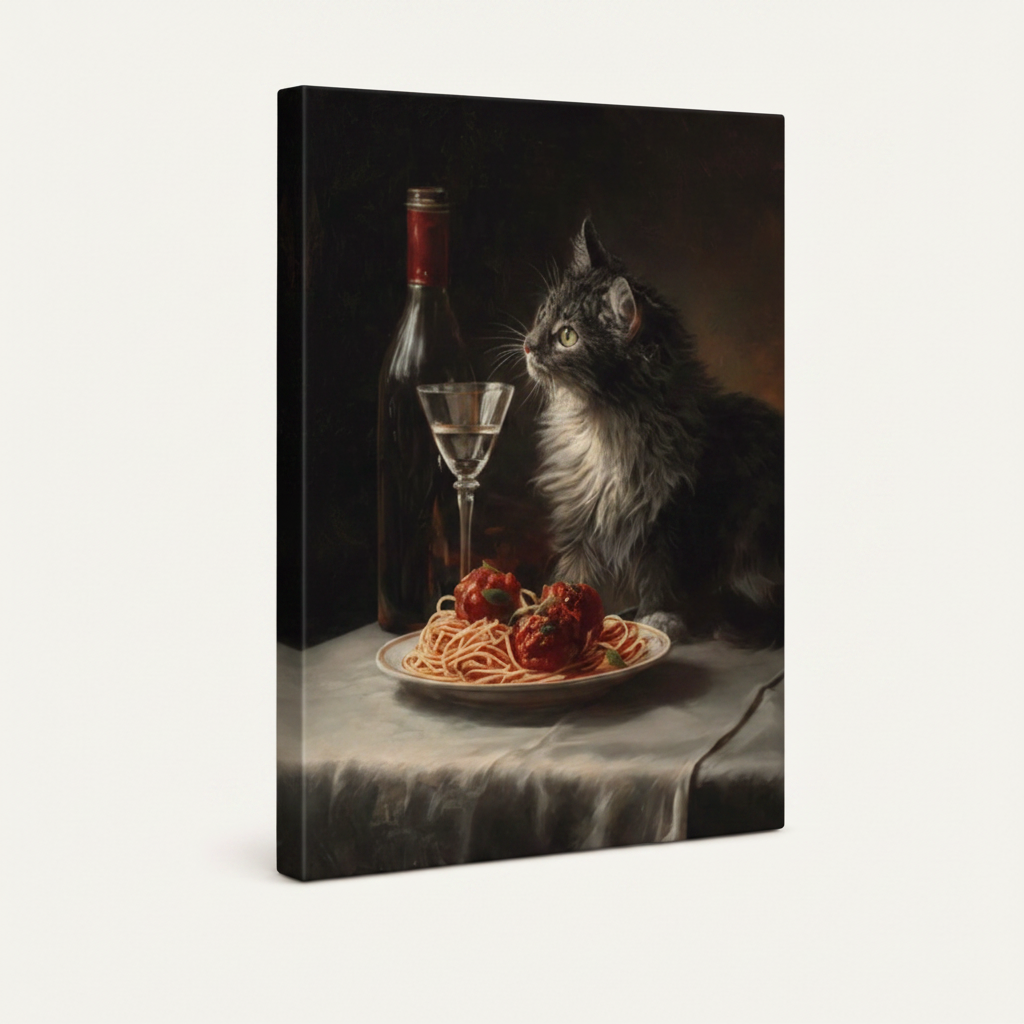 Stretched canvas wrap with dark academia cat spaghetti dinner illustration, 3/4 angle view on white background