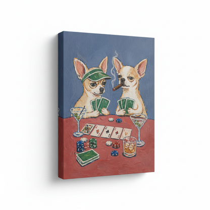 Chihuahuas poker game stretched canvas wall art on white background, gallery wrap side view