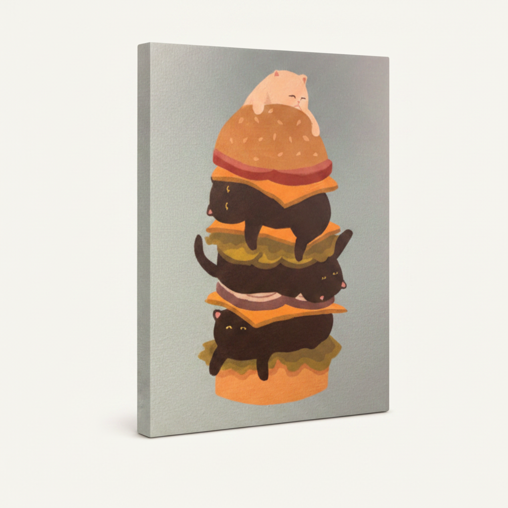 Gallery-wrapped cat burger canvas showing side wrap detail on clean white background