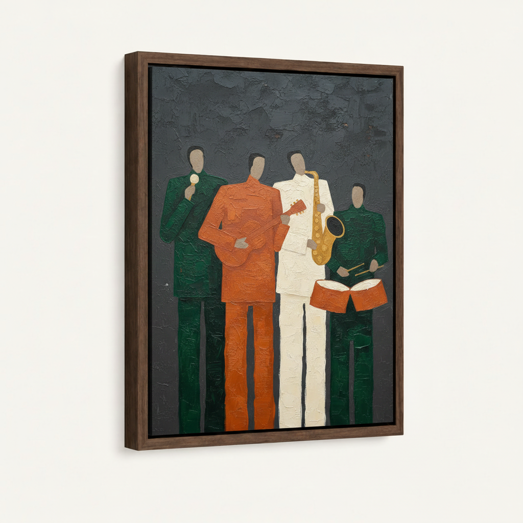 Dark walnut float frame canvas featuring bold impasto jazz band abstract painting product shot