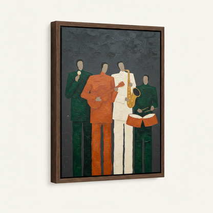 Dark walnut float frame canvas featuring bold impasto jazz band abstract painting product shot