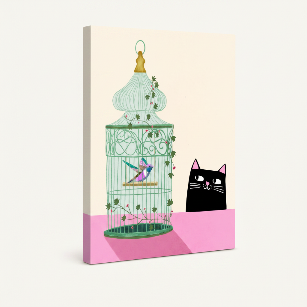Gallery-wrapped whimsical cat canvas art, frameless stretched canvas product shot on white background