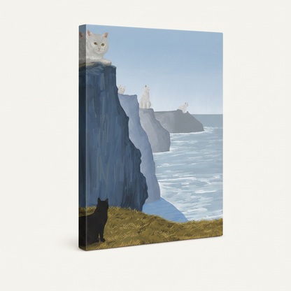 Coastal cat illustration gallery wrap stretched canvas side view on white background