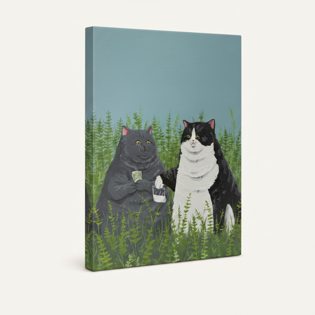 Chubby cats fern field gallery wrap canvas, portrait orientation white background product mockup