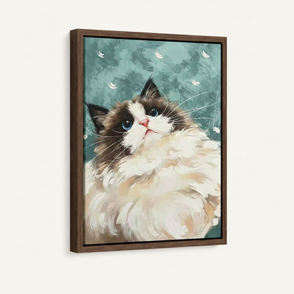  Ragdoll cat oil painting in dark walnut float frame on clean white background product shot