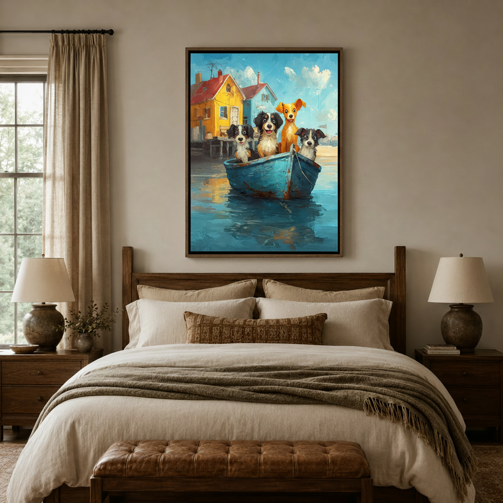 Whimsical oil painting canvas of dogs in a boat hanging above a cozy bedroom headboard