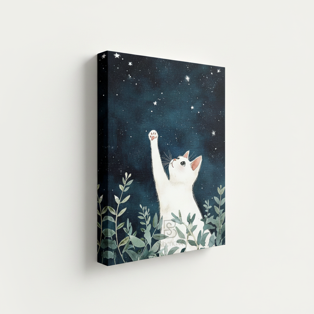 Dreamy white cat starry sky stretched canvas print – unframed Japanese botanical illustration with white cat paw raised toward glowing stars in dark blue sky by Aurewall