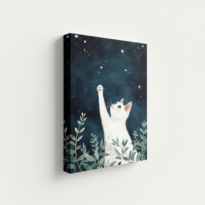 Dreamy white cat starry sky stretched canvas print – unframed Japanese botanical illustration with white cat paw raised toward glowing stars in dark blue sky by Aurewall