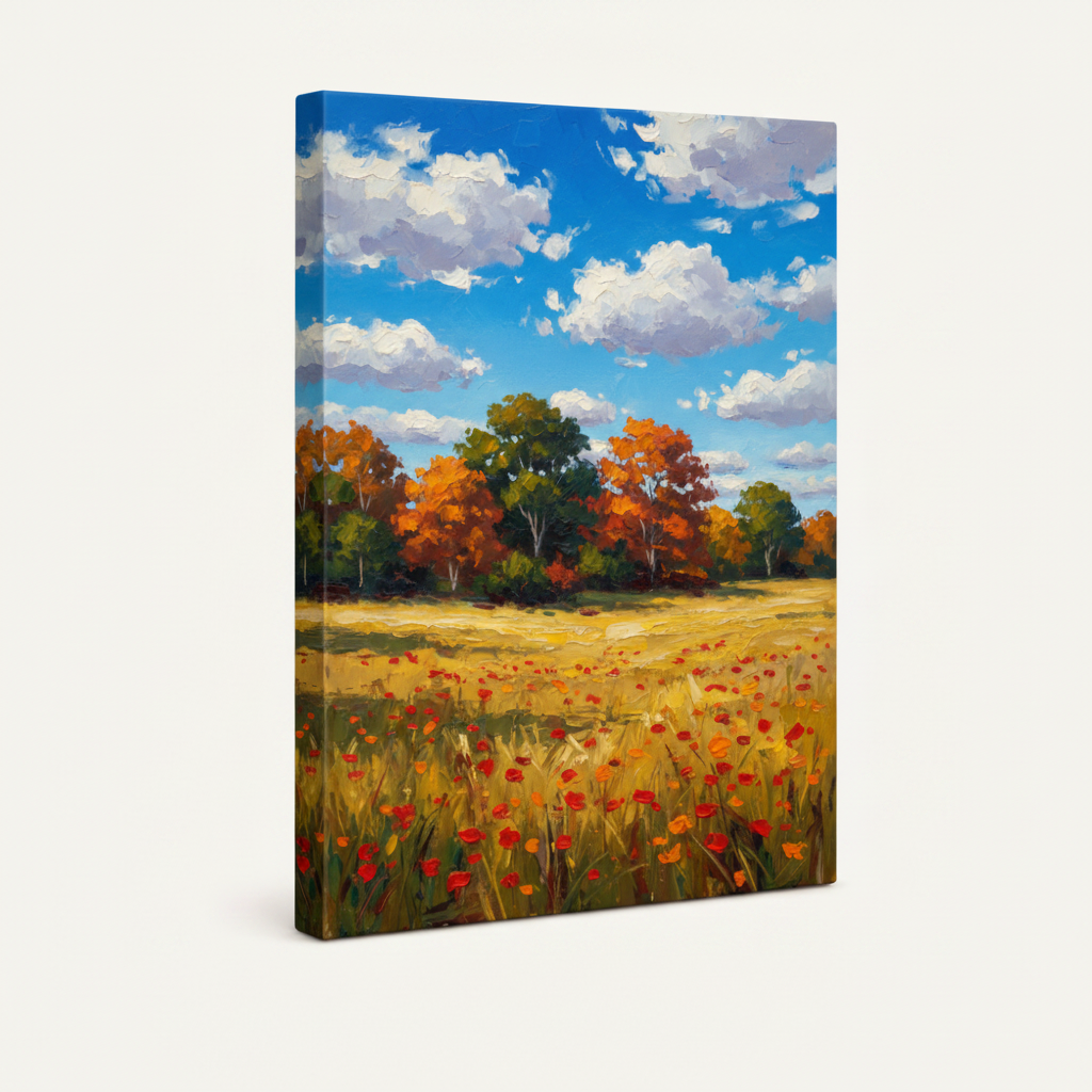 Gallery wrap canvas of autumn field with red poppies and fall trees, frameless angled view showing textured edges