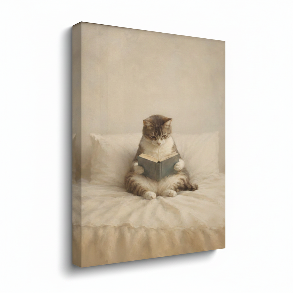 Gallery wrap canvas of a vintage-style cat reading a book, shown at an angle on white background