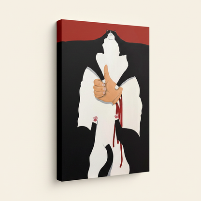 Stretched canvas wall art with bold minimalist cat illustration, frameless angled product view