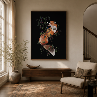 Leaping fox dark fantasy canvas wall art study detail – close-up of dramatic oil painting showing red fox mid-leap with scattered flowers feathers and leaves in motion by Aurewall