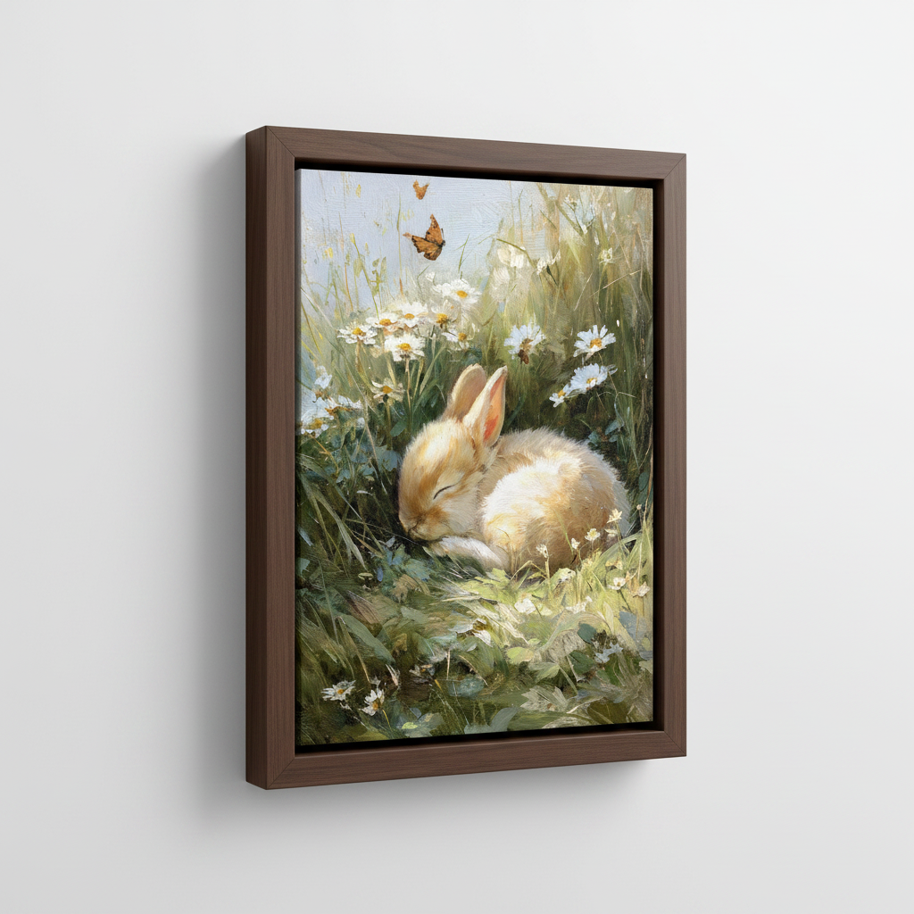 Sleeping bunny oil painting in dark walnut float frame on white background product mockup