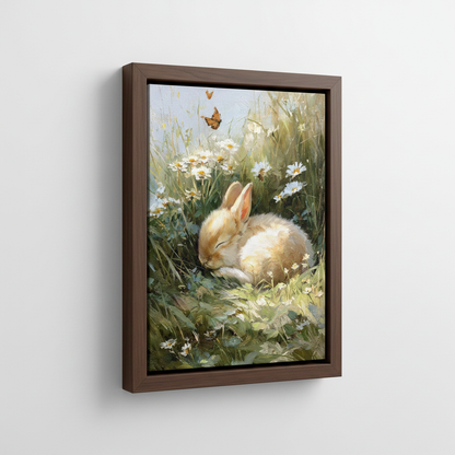 Sleeping bunny oil painting in dark walnut float frame on white background product mockup