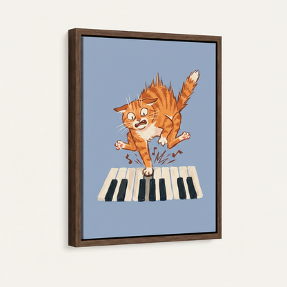 Framed canvas print of funny piano cat illustration in dark walnut float frame, front angle