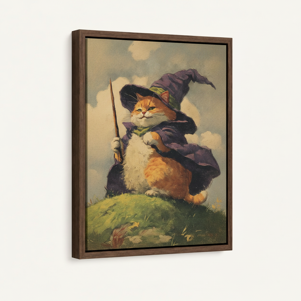 Framed cat wizard vintage art print with dark walnut float frame product mockup