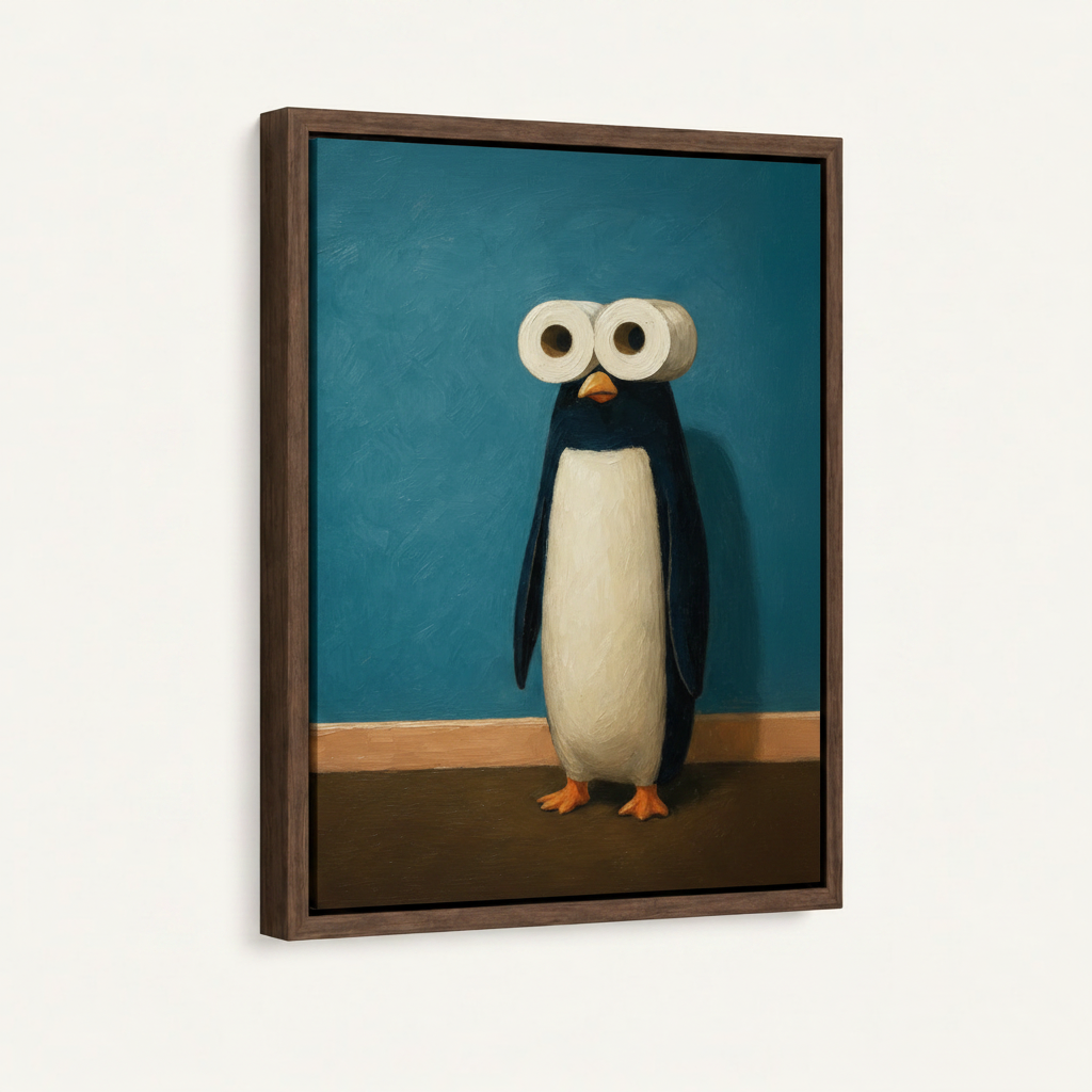 Framed canvas print of deadpan penguin with toilet paper roll eyes in dark walnut float frame, front view