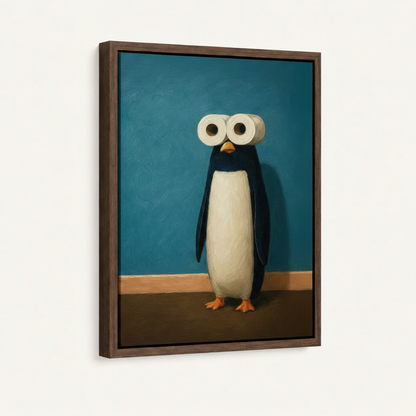 Framed canvas print of deadpan penguin with toilet paper roll eyes in dark walnut float frame, front view
