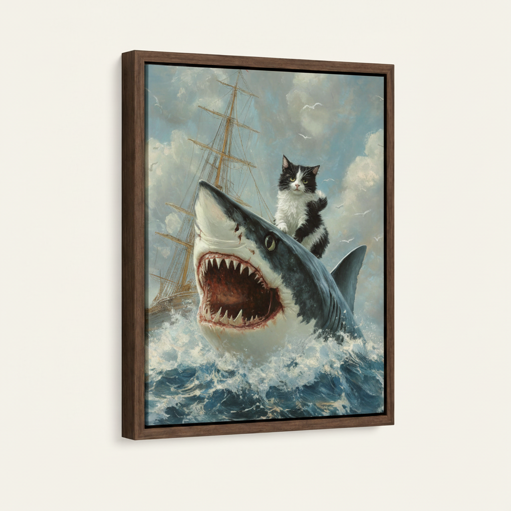 Cat riding shark oil painting in dark walnut frame, 3/4 angle product view on off-white background