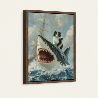 Cat riding shark oil painting in dark walnut frame, 3/4 angle product view on off-white background