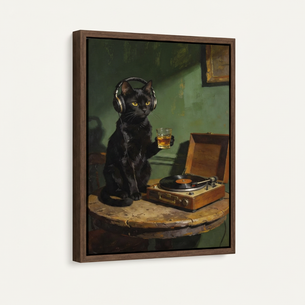 Dark walnut floating frame canvas print of black cat holding whiskey glass beside vintage record player