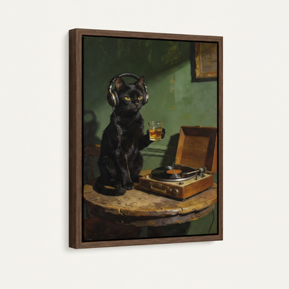 Dark walnut floating frame canvas print of black cat holding whiskey glass beside vintage record player