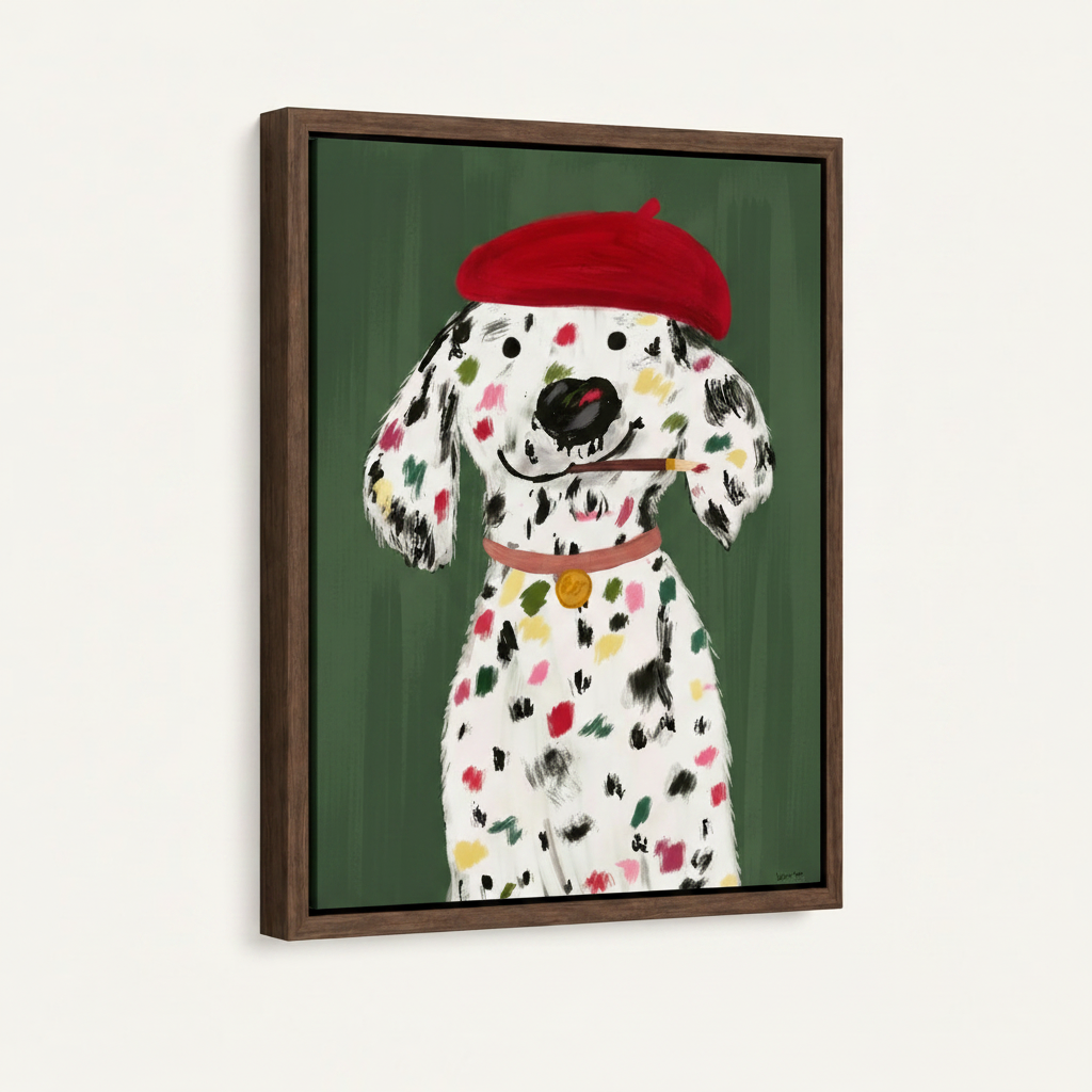 Framed Dalmatian artist dog canvas print, dark walnut floating frame, 3/4 angle view on clean off-white wall