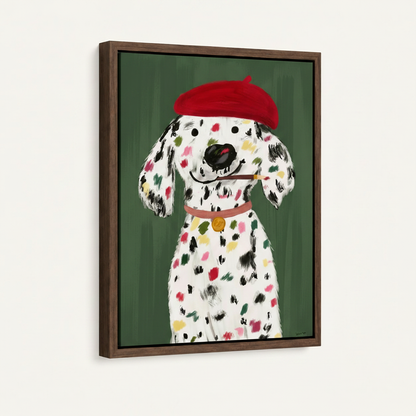 Framed Dalmatian artist dog canvas print, dark walnut floating frame, 3/4 angle view on clean off-white wall