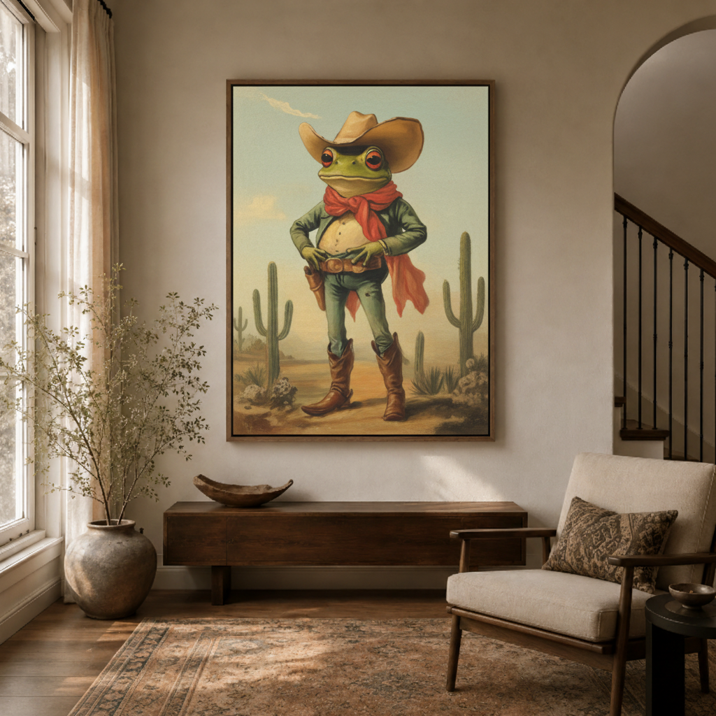 Cowboy frog Western canvas wall art in entryway – funny vintage oil painting with anthropomorphic frog as witty welcoming hallway piece by Aurewall