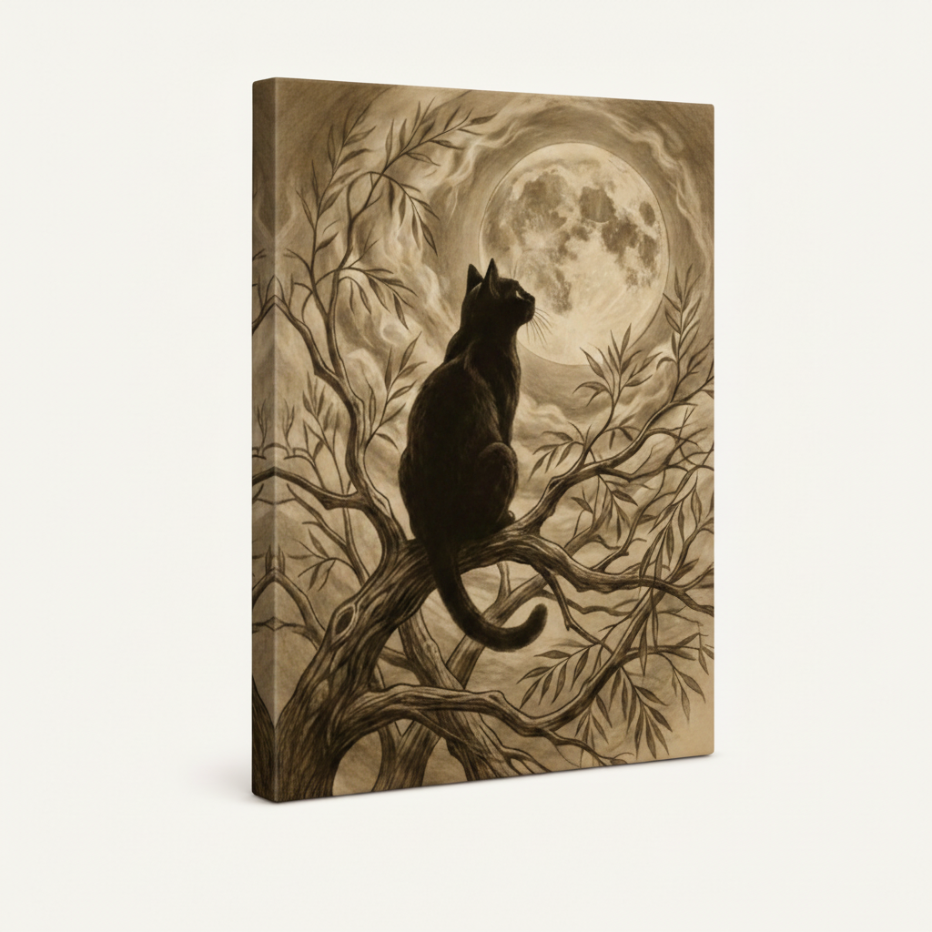 Gallery-wrapped black cat moon sepia canvas, frameless stretched canvas product photography on white background