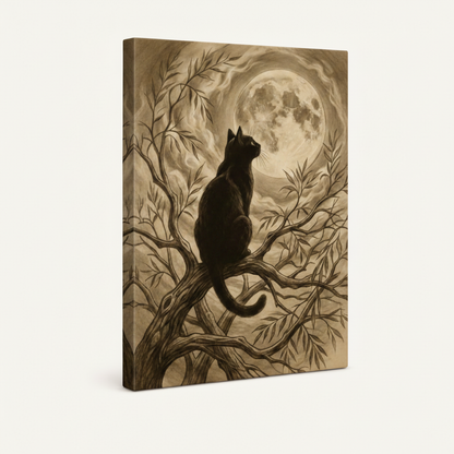 Gallery-wrapped black cat moon sepia canvas, frameless stretched canvas product photography on white background