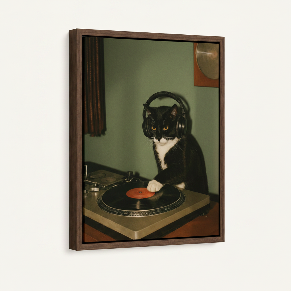 DJ cat retro canvas print in dark walnut float frame with uniform black gap, angled product view on white background