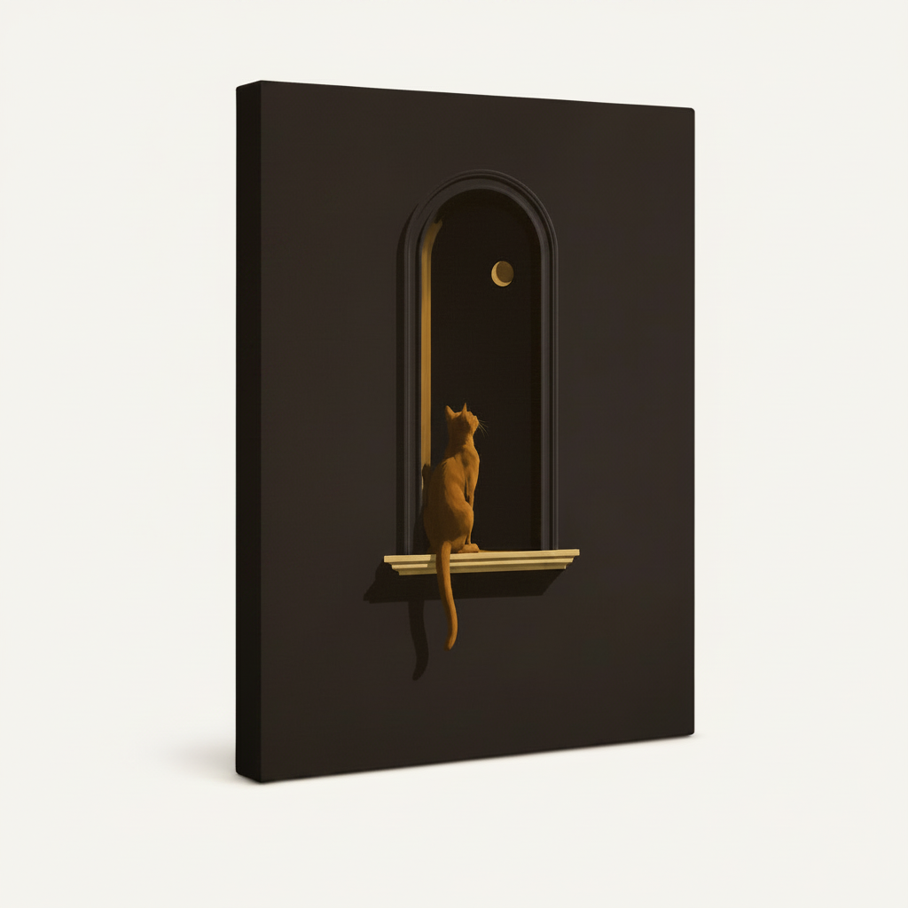 Gallery wrap dark minimalist cat moon canvas with charcoal-toned painted edges on off-white background