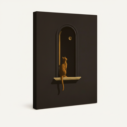 Gallery wrap dark minimalist cat moon canvas with charcoal-toned painted edges on off-white background