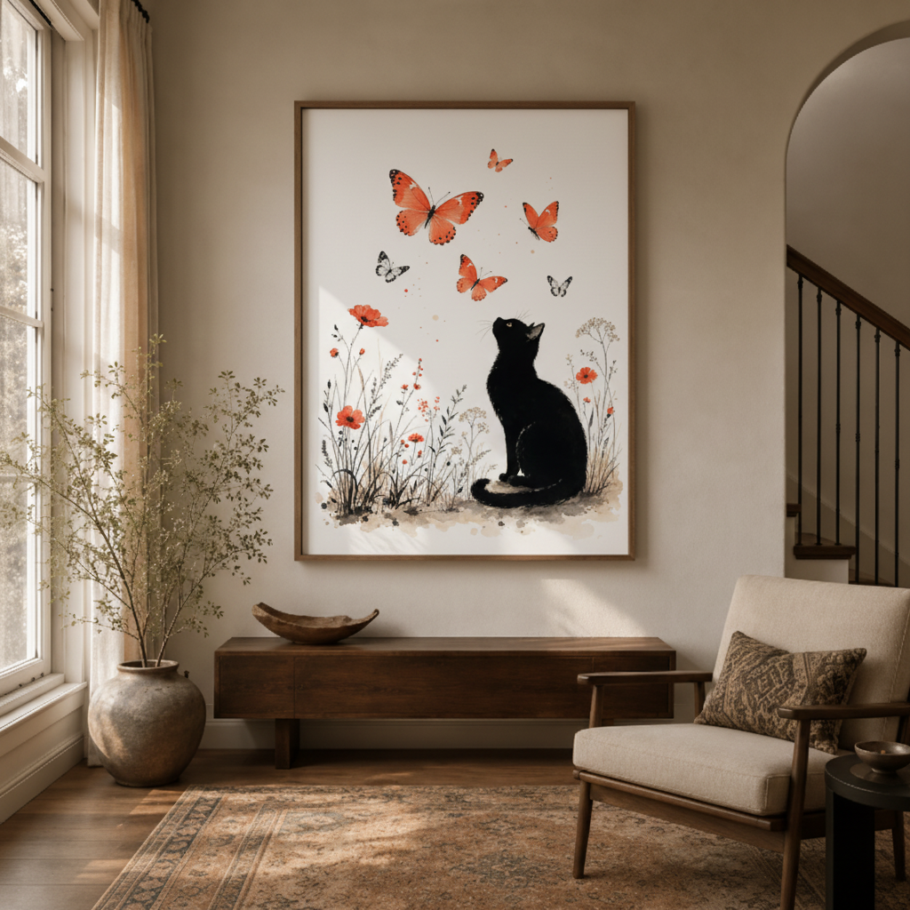 Black cat butterfly botanical canvas wall art in reading nook – Japanese-style floral illustration with black cat and butterflies as soft calming wall accent by Aurewall