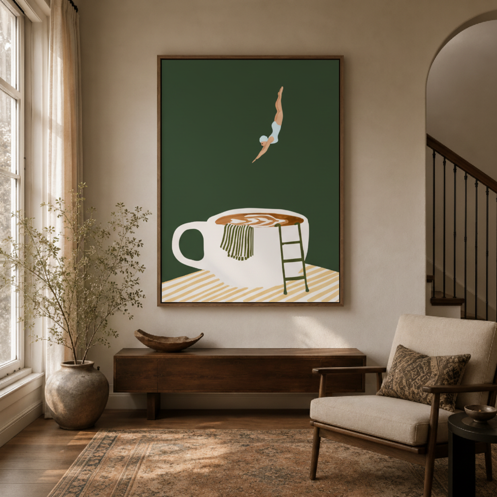 Coffee dive canvas wall art entryway detail – close-up of minimalist figure leaping into coffee mug on bold deep green background by Aurewall